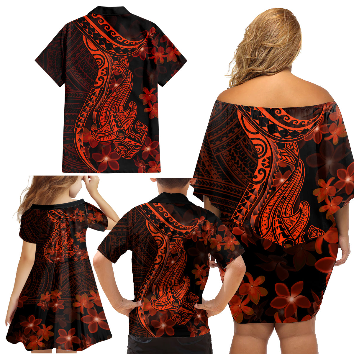 Red Polynesia Family Matching Off Shoulder Short Dress and Hawaiian Shirt Shark Tattoo With Polynesian Plumeria - Wonder Print Shop