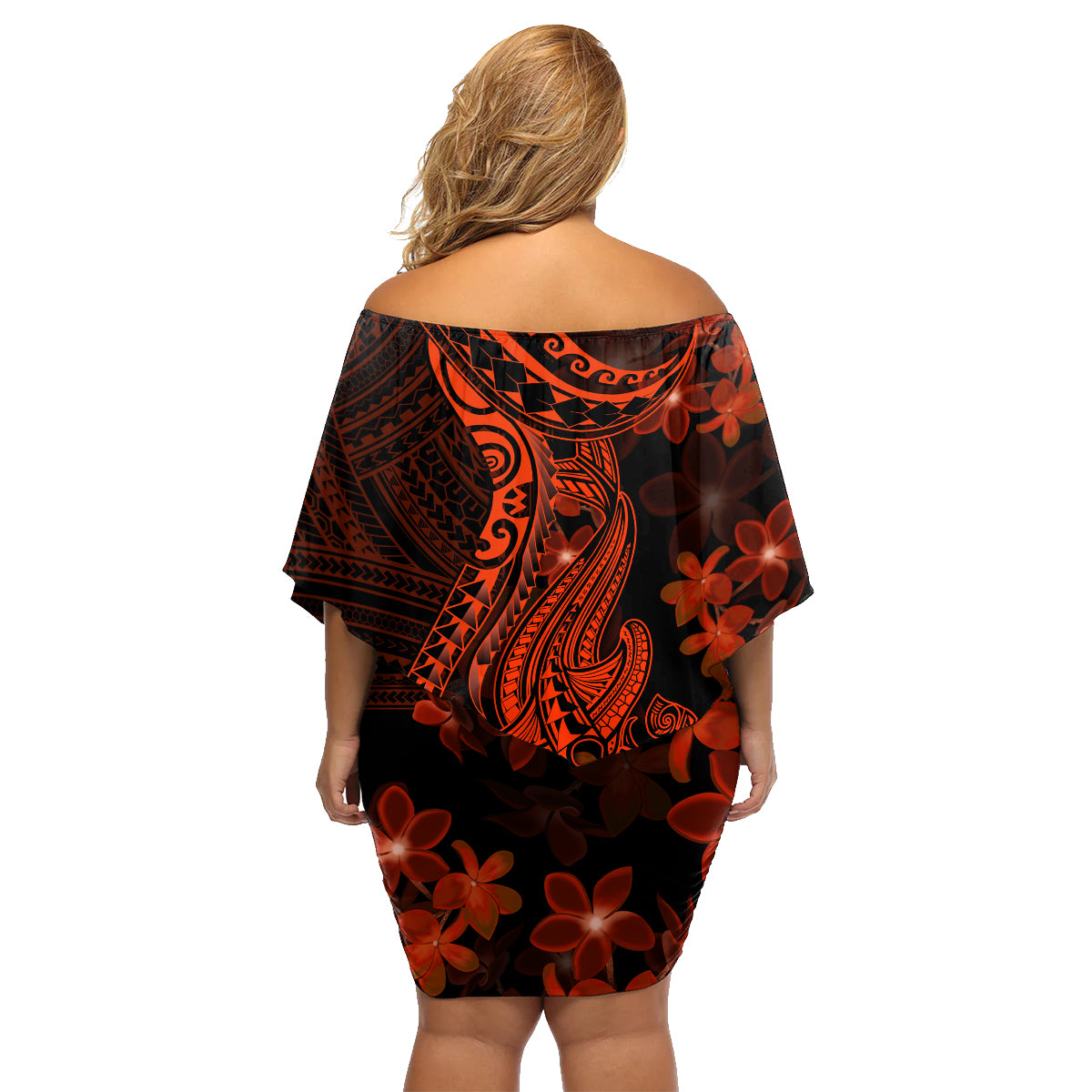 Red Polynesia Family Matching Off Shoulder Short Dress and Hawaiian Shirt Shark Tattoo With Polynesian Plumeria - Wonder Print Shop