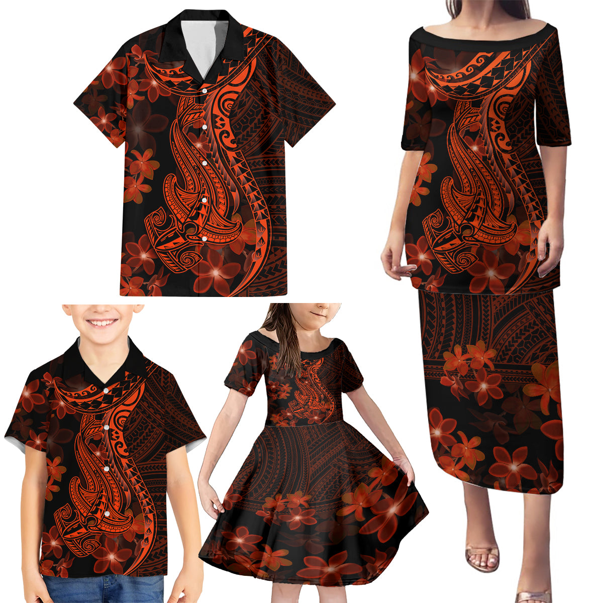 Red Polynesia Family Matching Puletasi Dress and Hawaiian Shirt Shark Tattoo With Polynesian Plumeria - Wonder Print Shop