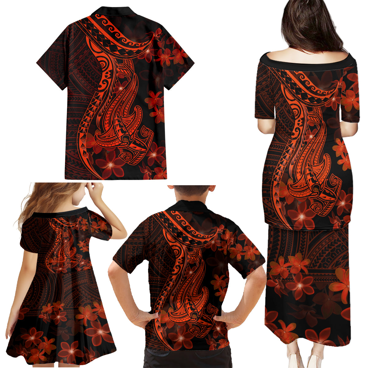Red Polynesia Family Matching Puletasi Dress and Hawaiian Shirt Shark Tattoo With Polynesian Plumeria - Wonder Print Shop