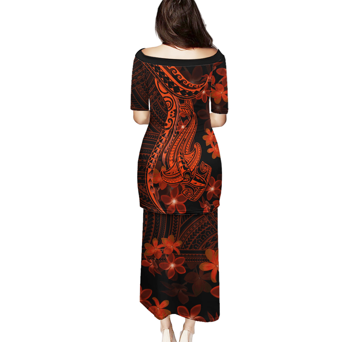 Red Polynesia Family Matching Puletasi Dress and Hawaiian Shirt Shark Tattoo With Polynesian Plumeria - Wonder Print Shop
