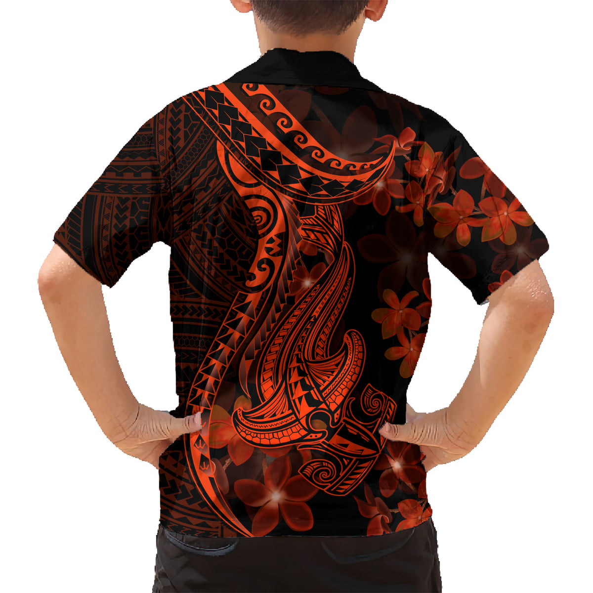 Red Polynesia Family Matching Short Sleeve Bodycon Dress and Hawaiian Shirt Shark Tattoo With Polynesian Plumeria - Wonder Print Shop