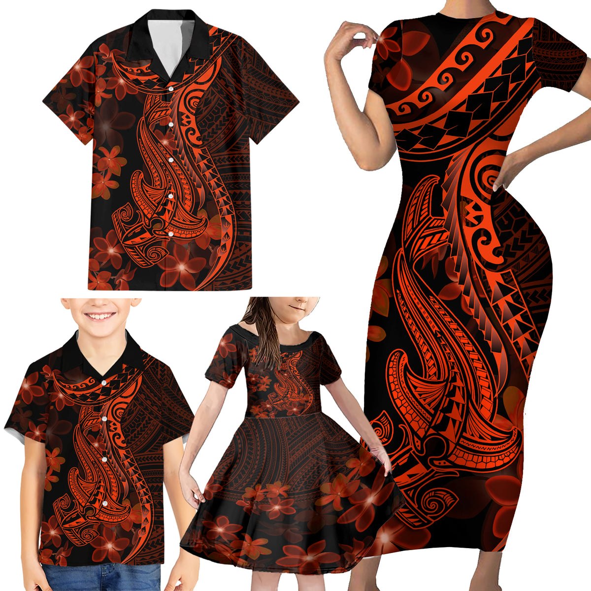 Red Polynesia Family Matching Short Sleeve Bodycon Dress and Hawaiian Shirt Shark Tattoo With Polynesian Plumeria - Wonder Print Shop