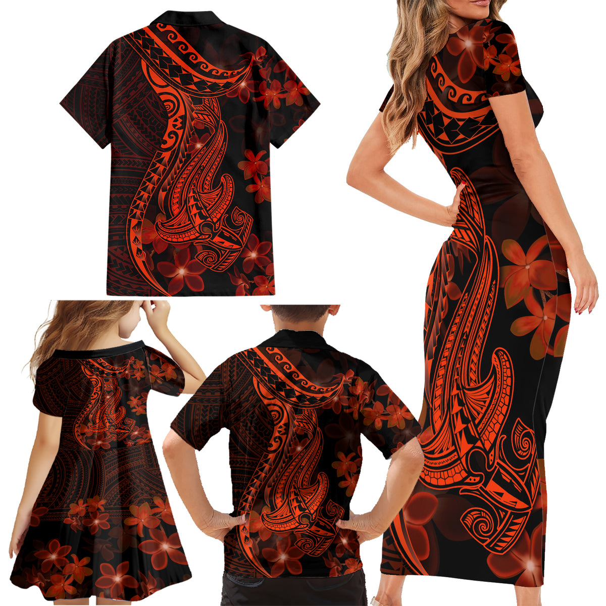 Red Polynesia Family Matching Short Sleeve Bodycon Dress and Hawaiian Shirt Shark Tattoo With Polynesian Plumeria - Wonder Print Shop