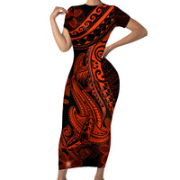 Red Polynesia Family Matching Short Sleeve Bodycon Dress and Hawaiian Shirt Shark Tattoo With Polynesian Plumeria - Wonder Print Shop