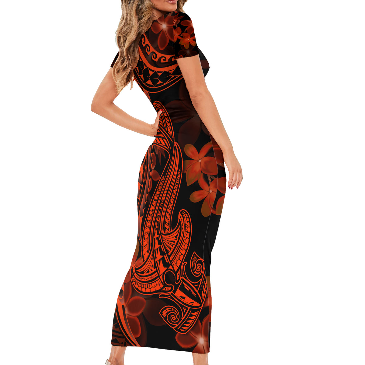 Red Polynesia Family Matching Short Sleeve Bodycon Dress and Hawaiian Shirt Shark Tattoo With Polynesian Plumeria - Wonder Print Shop