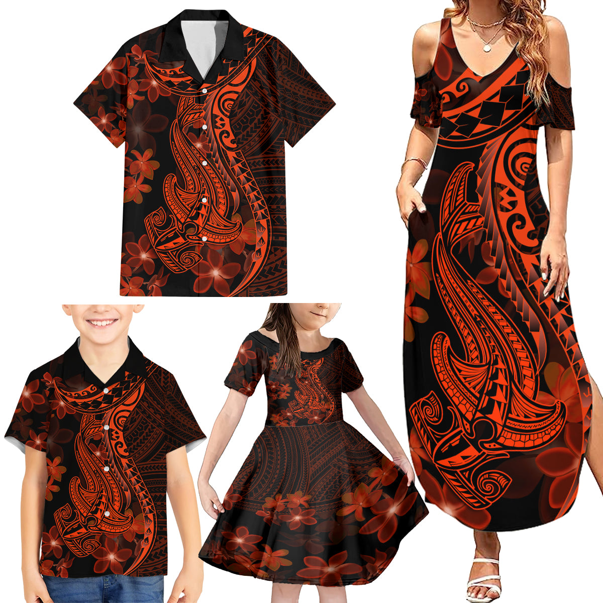 Red Polynesia Family Matching Summer Maxi Dress and Hawaiian Shirt Shark Tattoo With Polynesian Plumeria - Wonder Print Shop