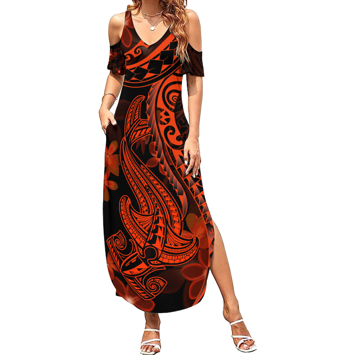 Red Polynesia Family Matching Summer Maxi Dress and Hawaiian Shirt Shark Tattoo With Polynesian Plumeria - Wonder Print Shop