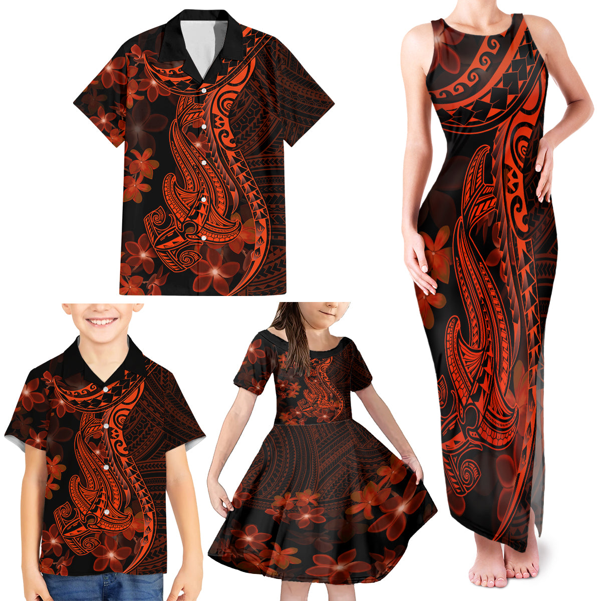 Red Polynesia Family Matching Tank Maxi Dress and Hawaiian Shirt Shark Tattoo With Polynesian Plumeria - Wonder Print Shop
