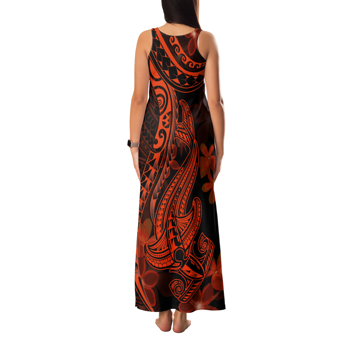 Red Polynesia Family Matching Tank Maxi Dress and Hawaiian Shirt Shark Tattoo With Polynesian Plumeria - Wonder Print Shop