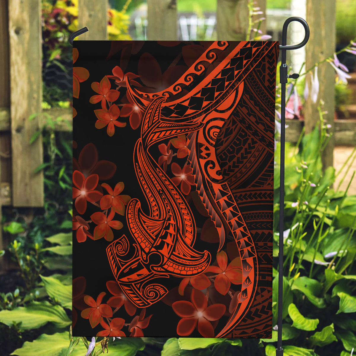 Red Polynesia Garden Flag Shark Tattoo With Polynesian Plumeria - Wonder Print Shop