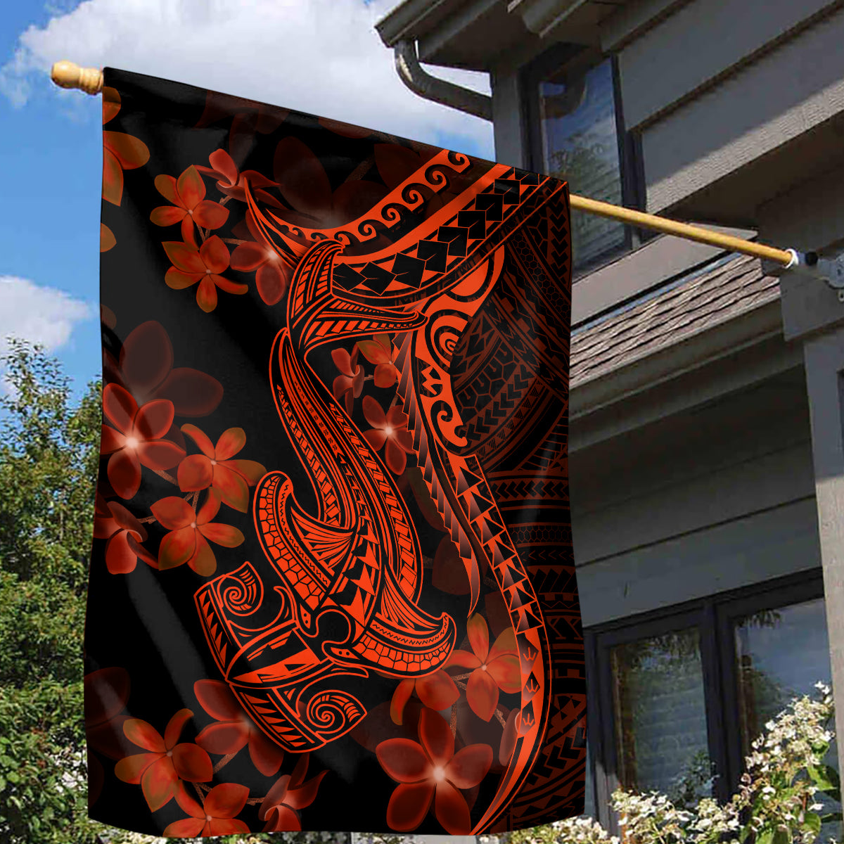 Red Polynesia Garden Flag Shark Tattoo With Polynesian Plumeria - Wonder Print Shop