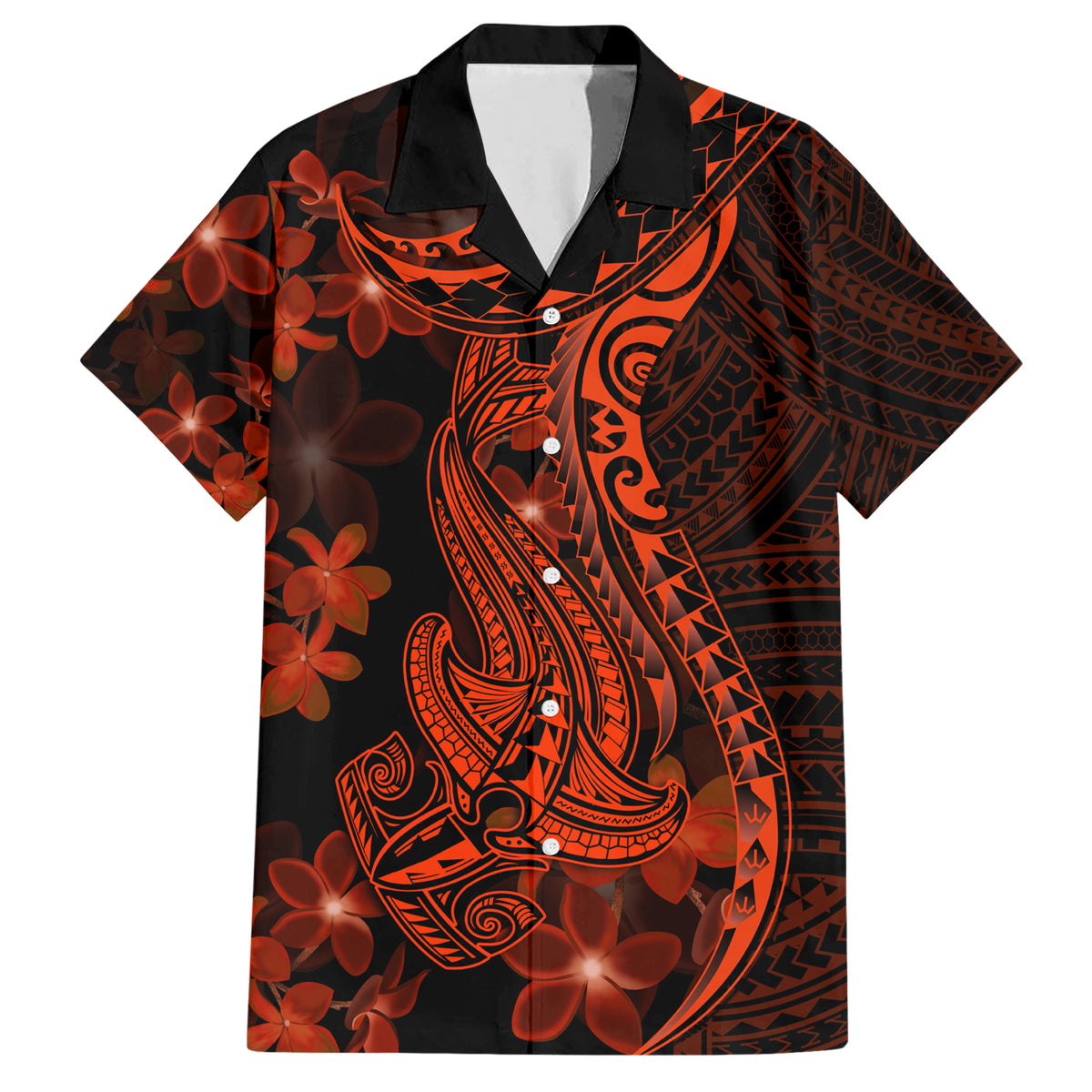 Red Polynesia Hawaiian Shirt Shark Tattoo With Polynesian Plumeria - Wonder Print Shop