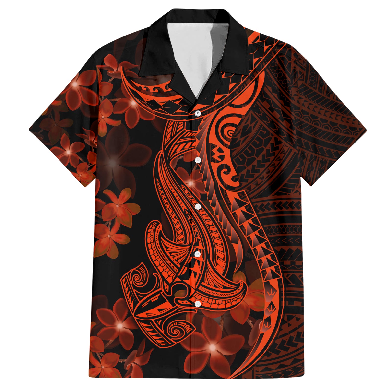 Red Polynesia Hawaiian Shirt Shark Tattoo With Polynesian Plumeria - Wonder Print Shop
