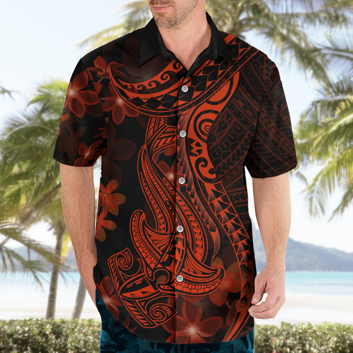Red Polynesia Hawaiian Shirt Shark Tattoo With Polynesian Plumeria - Wonder Print Shop