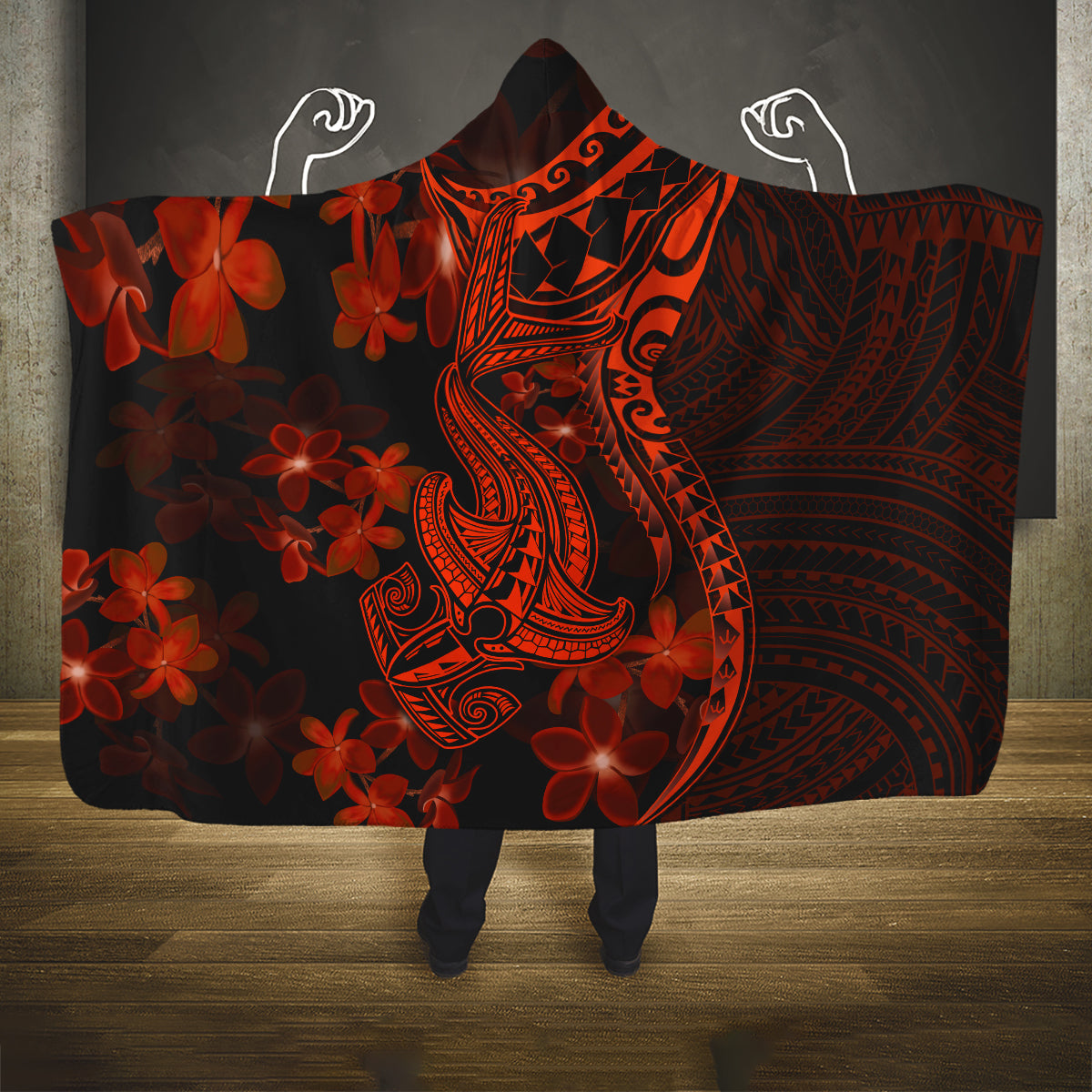 red-polynesia-hooded-blanket-shark-tattoo-with-polynesian-plumeria