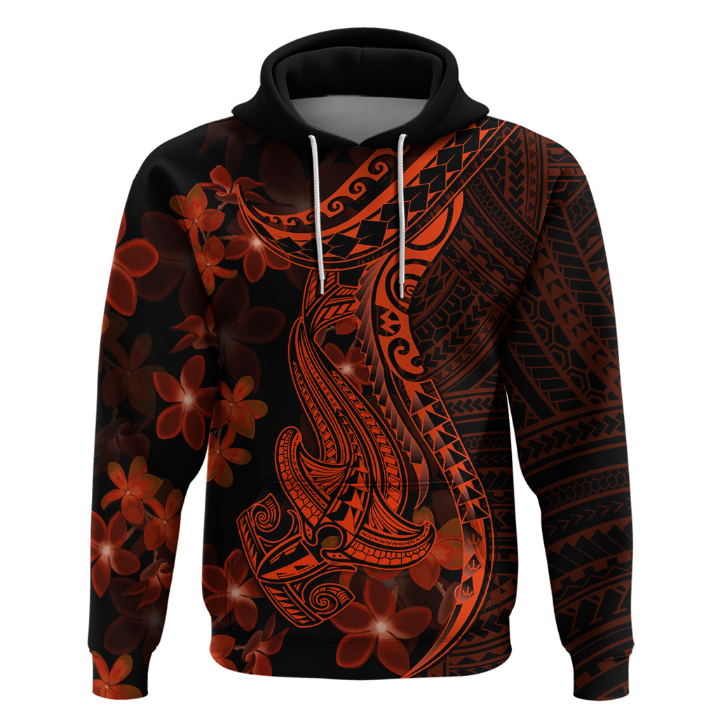 Red Polynesia Hoodie Shark Tattoo With Polynesian Plumeria - Wonder Print Shop