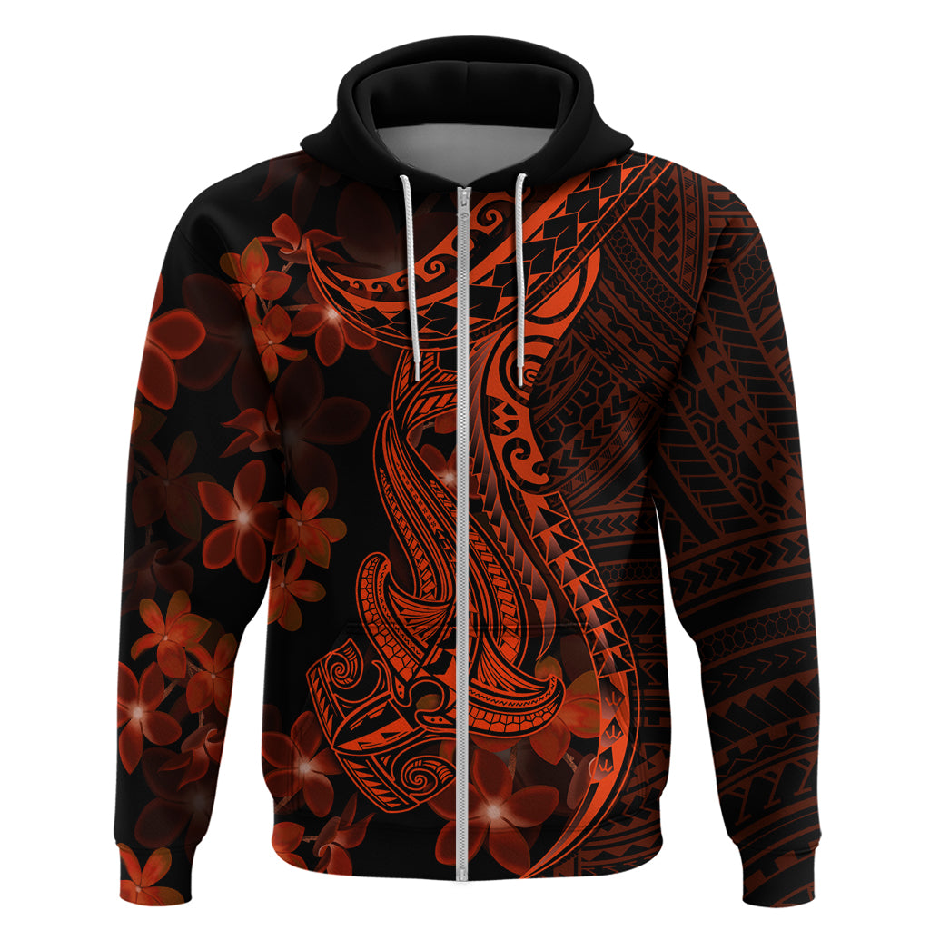 Red Polynesia Hoodie Shark Tattoo With Polynesian Plumeria - Wonder Print Shop