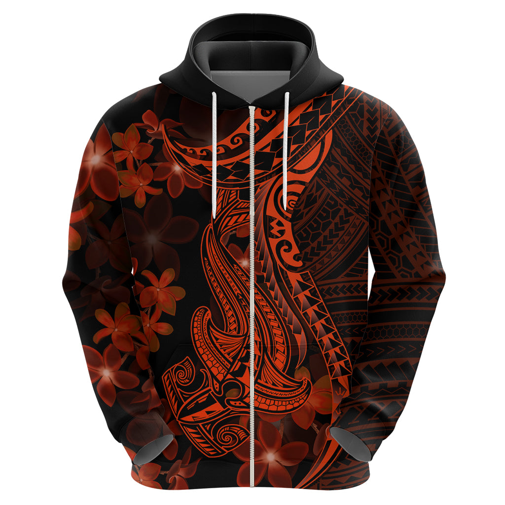 Red Polynesia Hoodie Shark Tattoo With Polynesian Plumeria - Wonder Print Shop