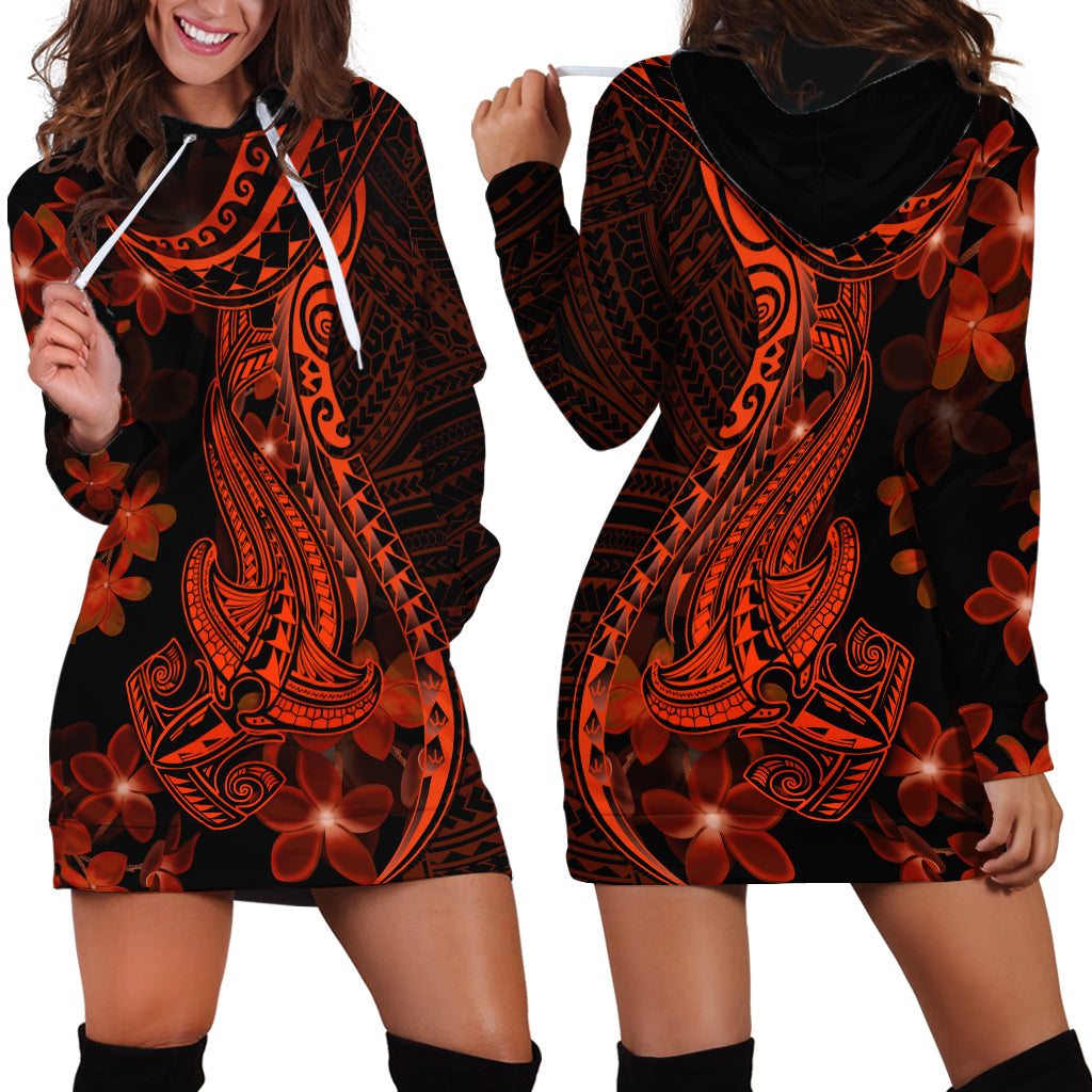 Red Polynesia Hoodie Dress Shark Tattoo With Polynesian Plumeria - Wonder Print Shop