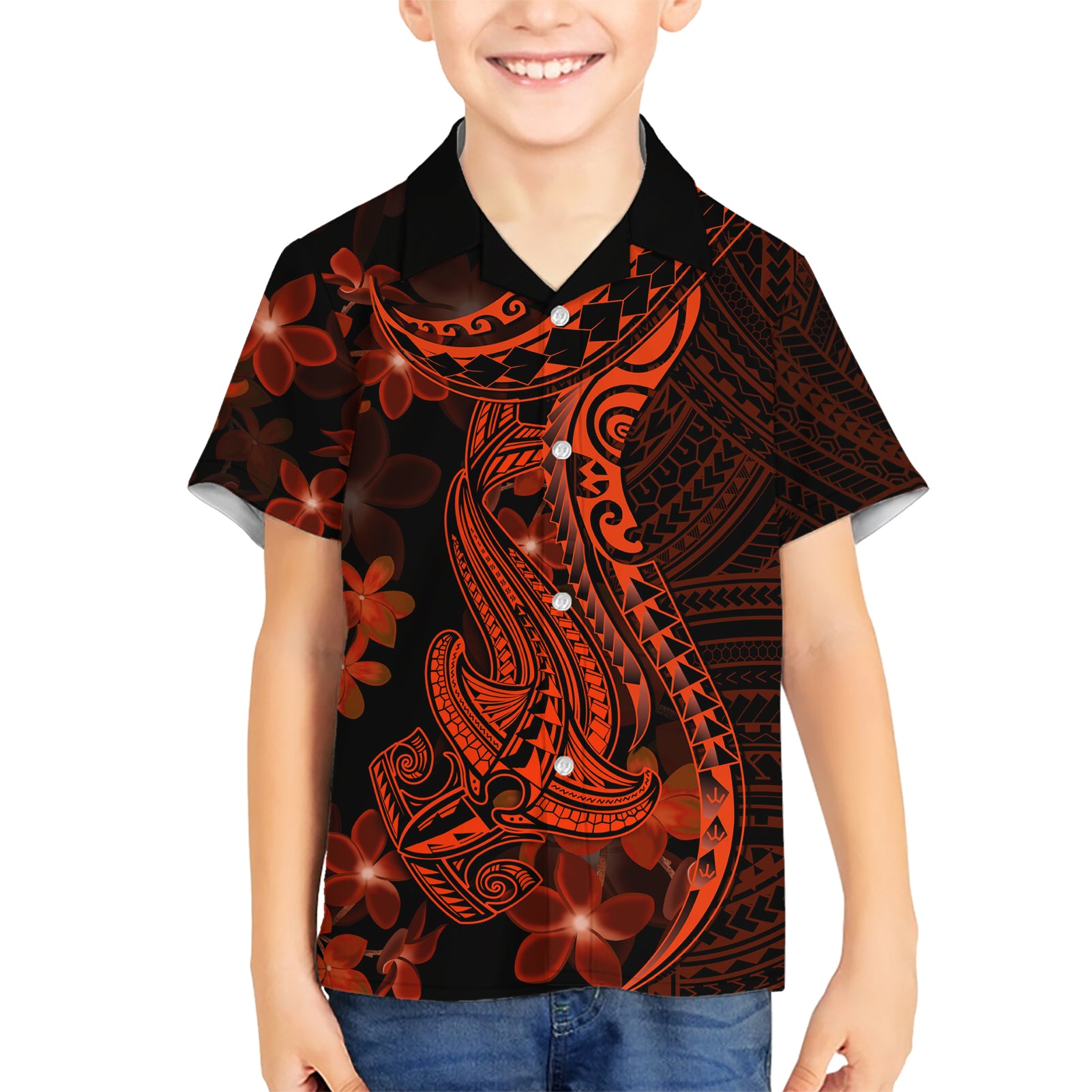 Red Polynesia Kid Hawaiian Shirt Shark Tattoo With Polynesian Plumeria - Wonder Print Shop