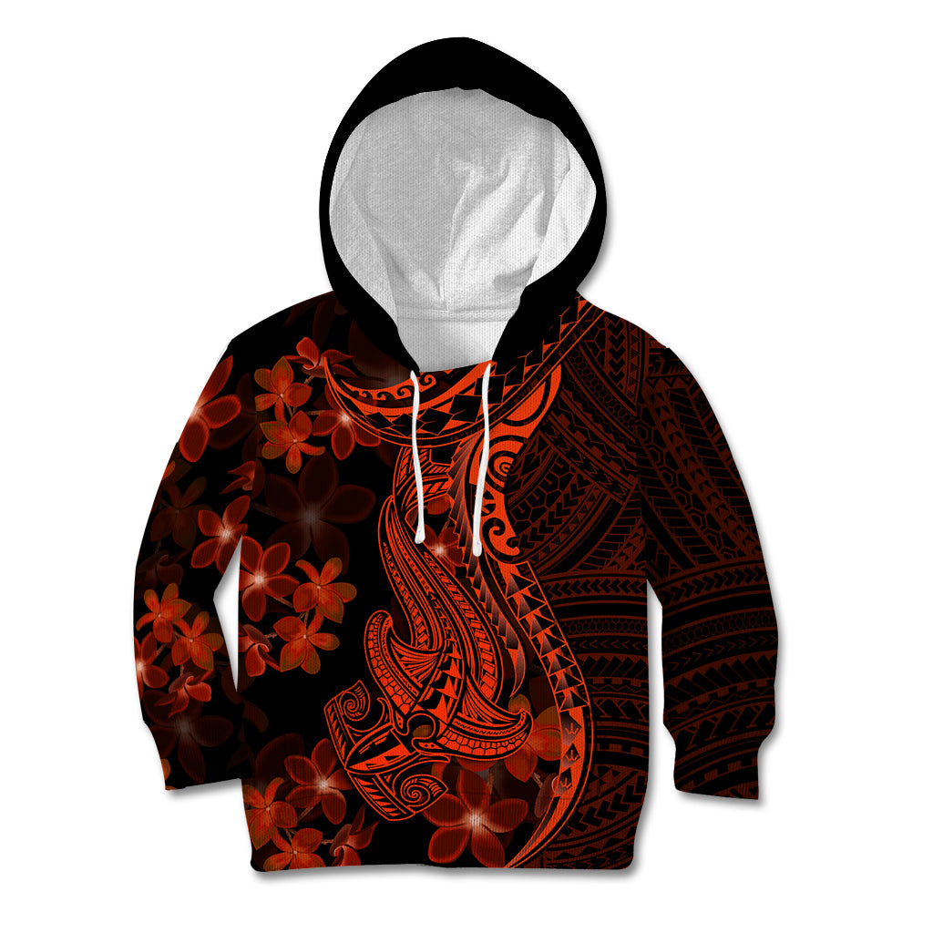 Red Polynesia Kid Hoodie Shark Tattoo With Polynesian Plumeria - Wonder Print Shop