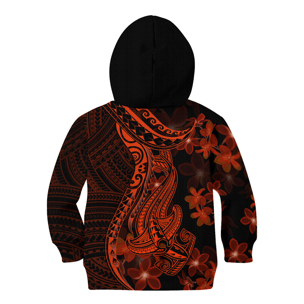 Red Polynesia Kid Hoodie Shark Tattoo With Polynesian Plumeria - Wonder Print Shop