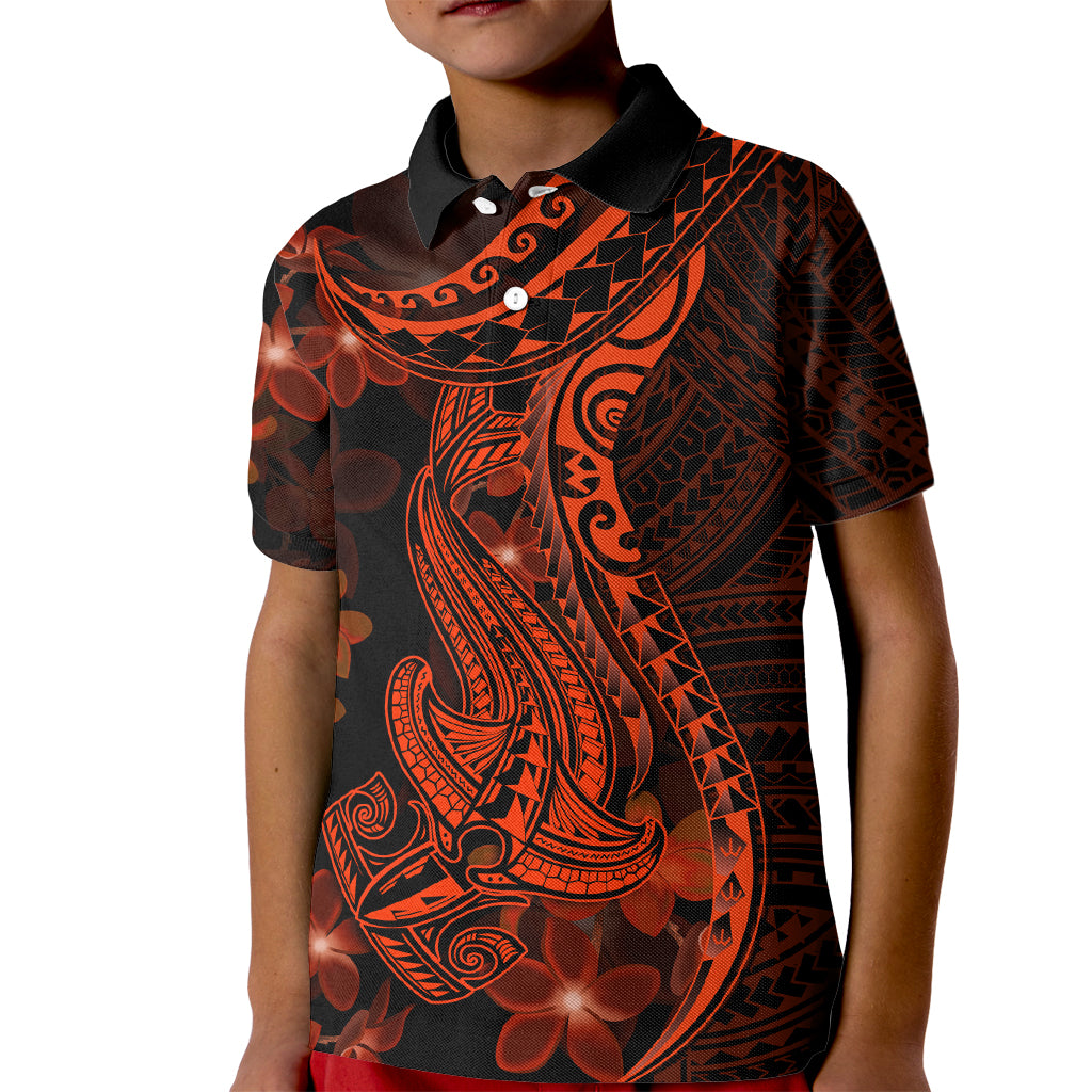 Red Polynesia Kid Polo Shirt Shark Tattoo With Polynesian Plumeria - Wonder Print Shop