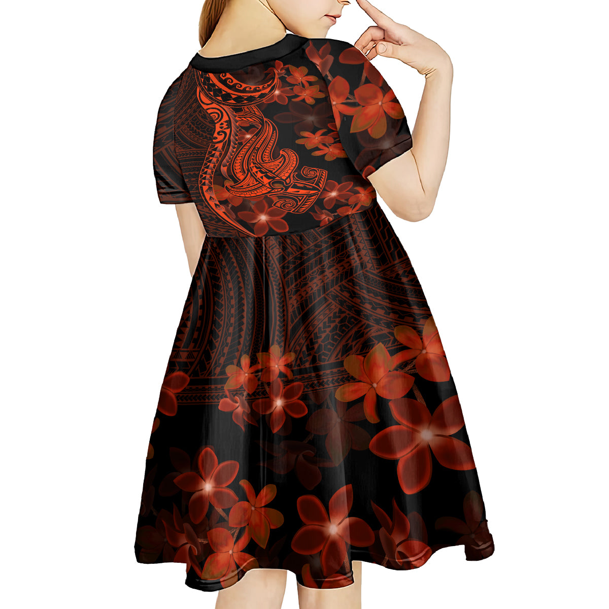 Red Polynesia Kid Short Sleeve Dress Shark Tattoo With Polynesian Plumeria - Wonder Print Shop