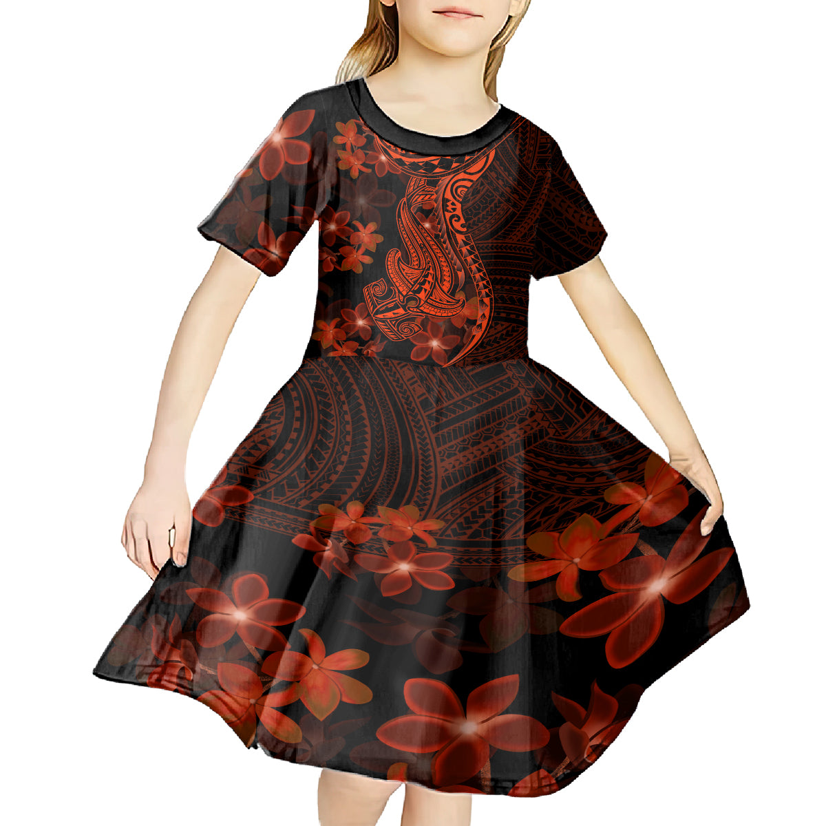 Red Polynesia Kid Short Sleeve Dress Shark Tattoo With Polynesian Plumeria - Wonder Print Shop