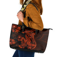 Red Polynesia Leather Tote Bag Shark Tattoo With Polynesian Plumeria - Wonder Print Shop