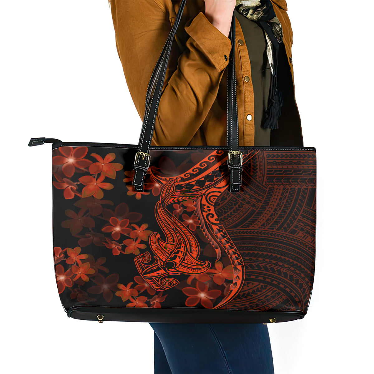 Red Polynesia Leather Tote Bag Shark Tattoo With Polynesian Plumeria - Wonder Print Shop