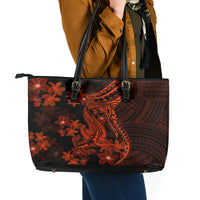 Red Polynesia Leather Tote Bag Shark Tattoo With Polynesian Plumeria - Wonder Print Shop
