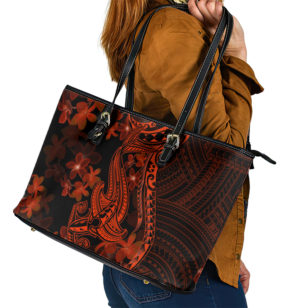 Red Polynesia Leather Tote Bag Shark Tattoo With Polynesian Plumeria - Wonder Print Shop