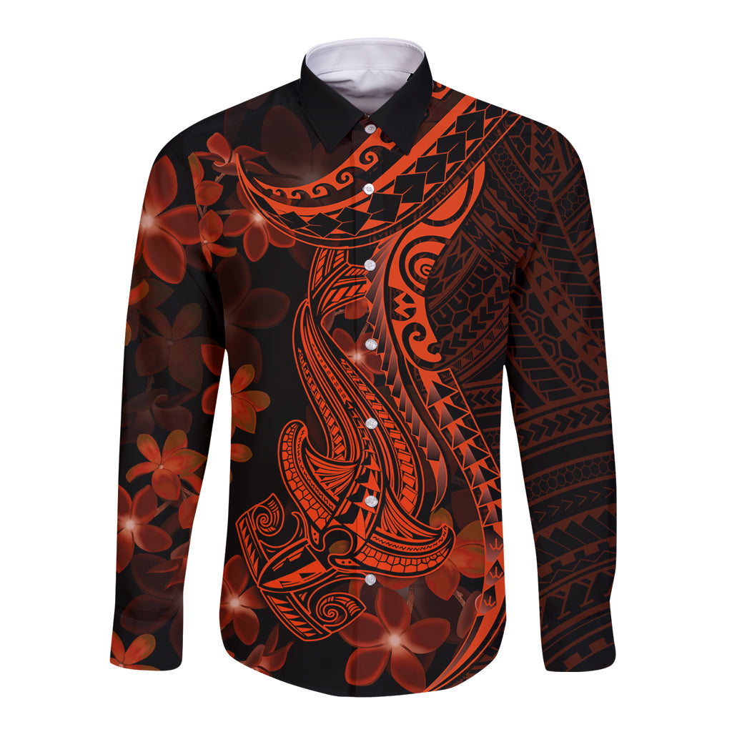 Red Polynesia Long Sleeve Button Shirt Shark Tattoo With Polynesian Plumeria - Wonder Print Shop
