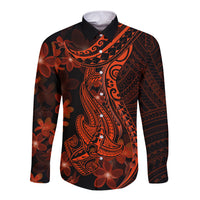 Red Polynesia Long Sleeve Button Shirt Shark Tattoo With Polynesian Plumeria - Wonder Print Shop