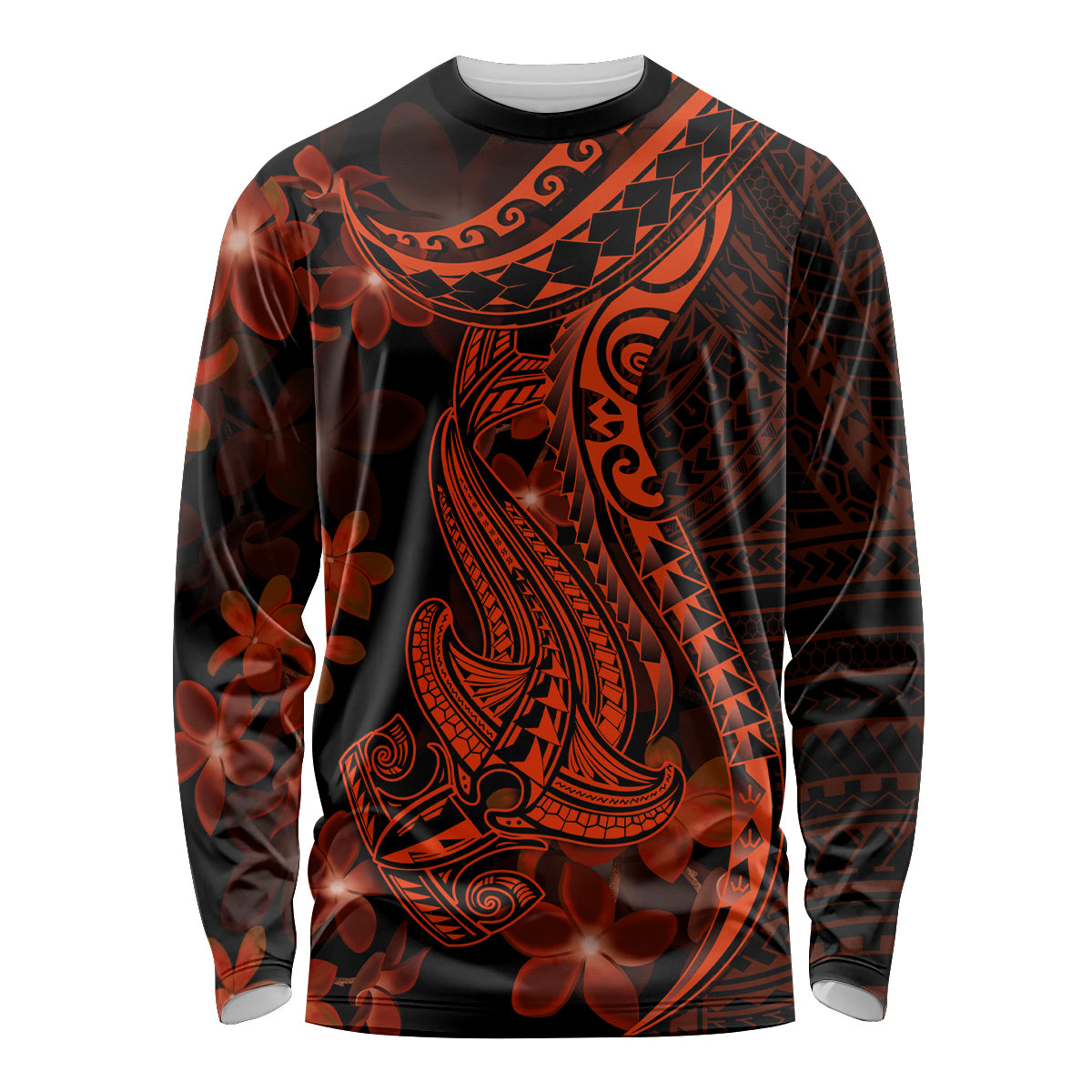 Red Polynesia Long Sleeve Shirt Shark Tattoo With Polynesian Plumeria - Wonder Print Shop