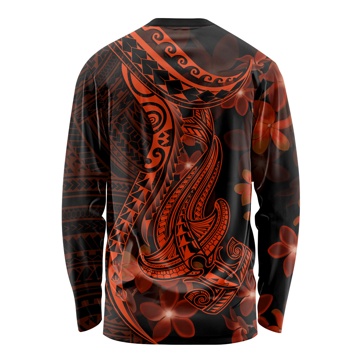 Red Polynesia Long Sleeve Shirt Shark Tattoo With Polynesian Plumeria - Wonder Print Shop