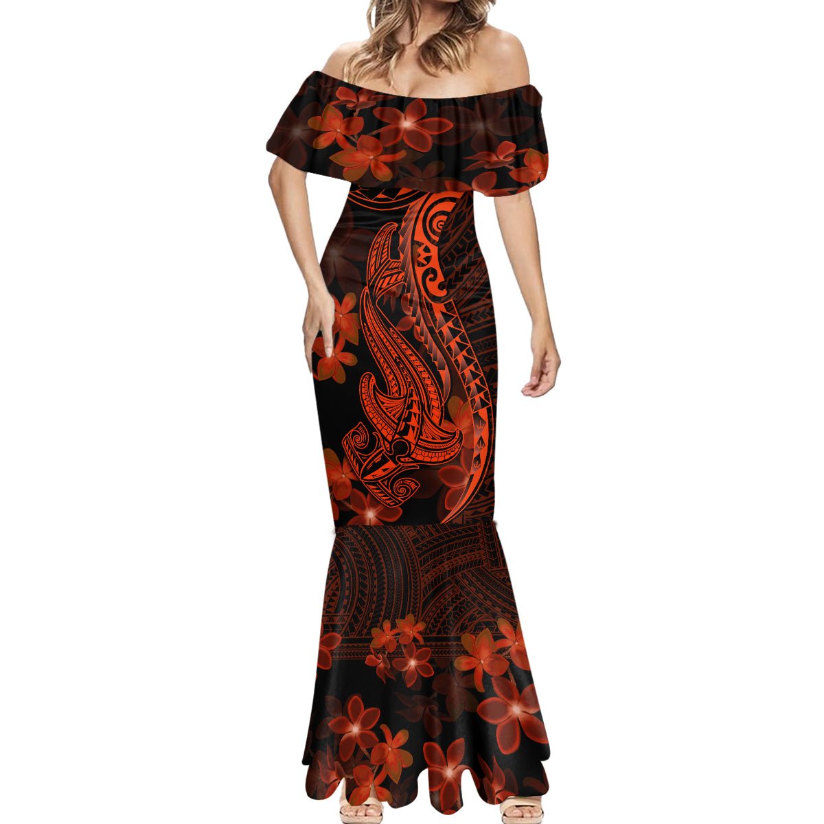 Red Polynesia Mermaid Dress Shark Tattoo With Polynesian Plumeria - Wonder Print Shop