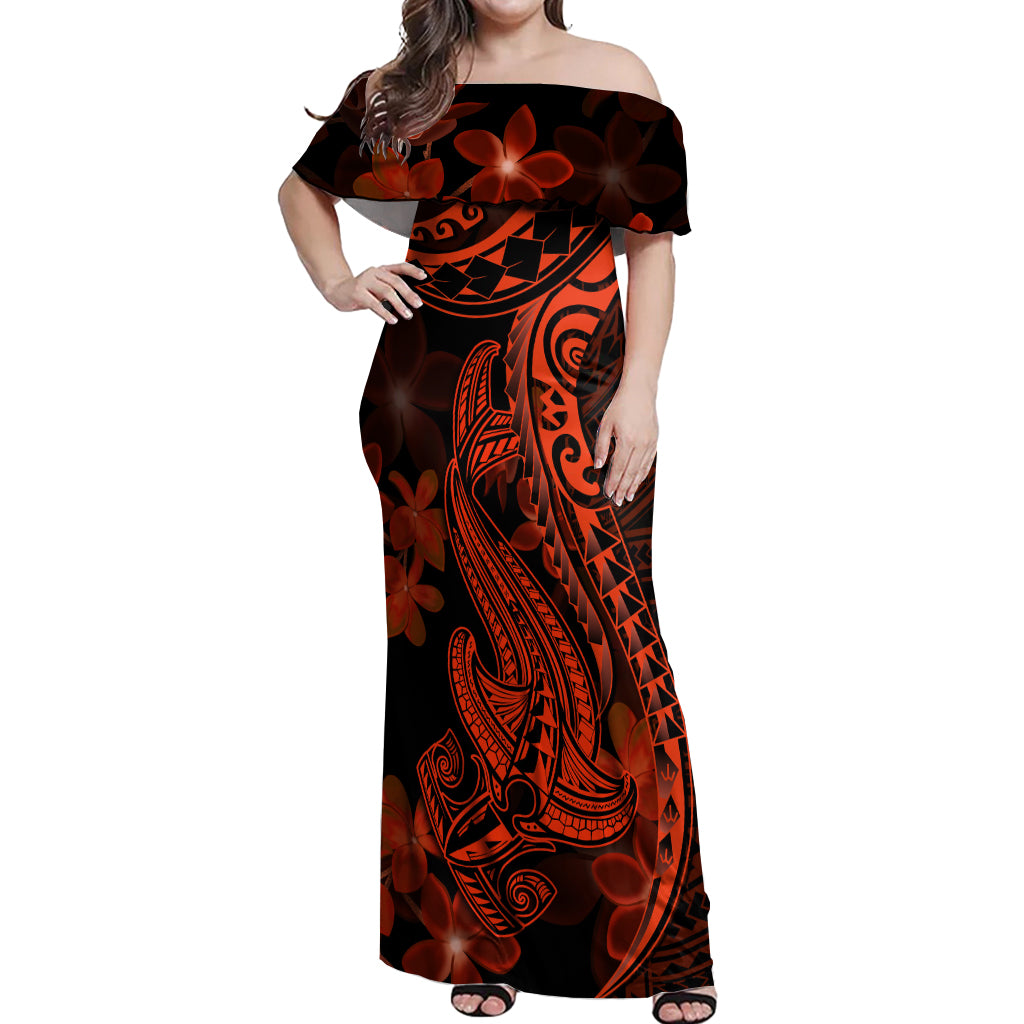 Red Polynesia Off Shoulder Maxi Dress Shark Tattoo With Polynesian Plumeria - Wonder Print Shop