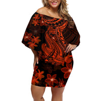 Red Polynesia Off Shoulder Short Dress Shark Tattoo With Polynesian Plumeria - Wonder Print Shop