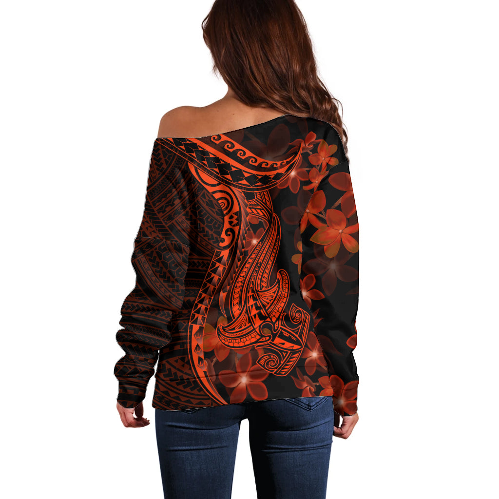 Red Polynesia Off Shoulder Sweater Shark Tattoo With Polynesian Plumeria - Wonder Print Shop