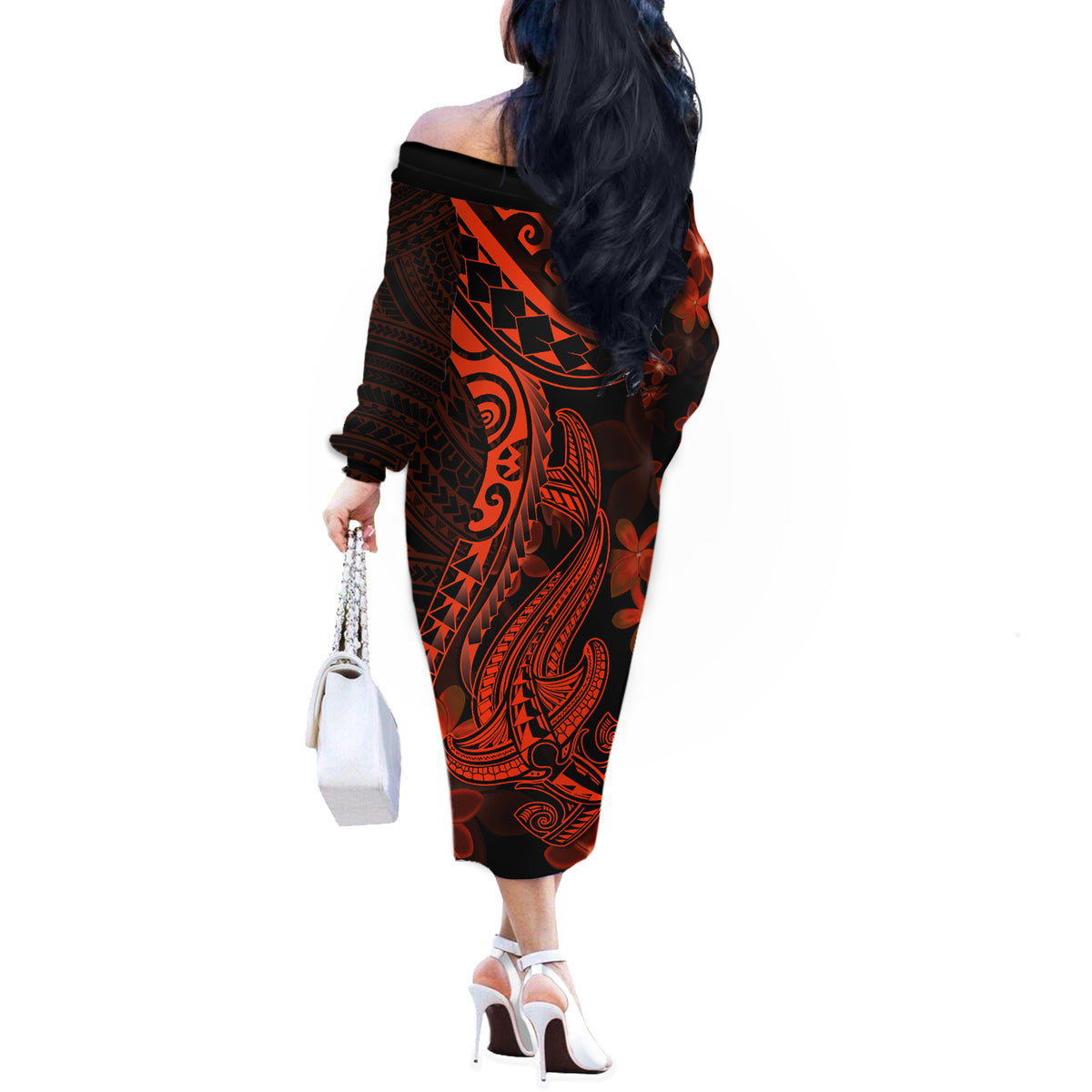 Red Polynesia Off The Shoulder Long Sleeve Dress Shark Tattoo With Polynesian Plumeria - Wonder Print Shop
