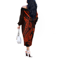 Red Polynesia Off The Shoulder Long Sleeve Dress Shark Tattoo With Polynesian Plumeria - Wonder Print Shop