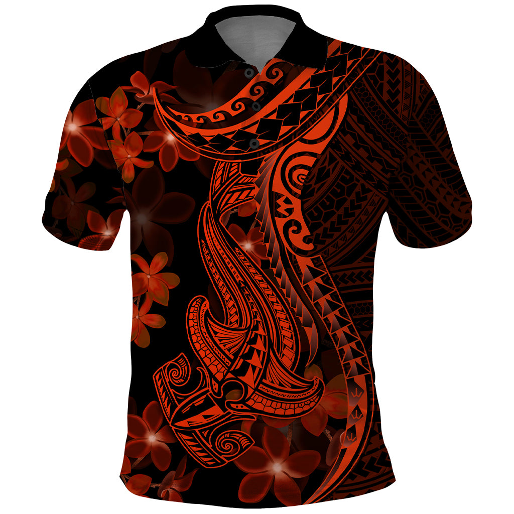 Red Polynesia Polo Shirt Shark Tattoo With Polynesian Plumeria - Wonder Print Shop