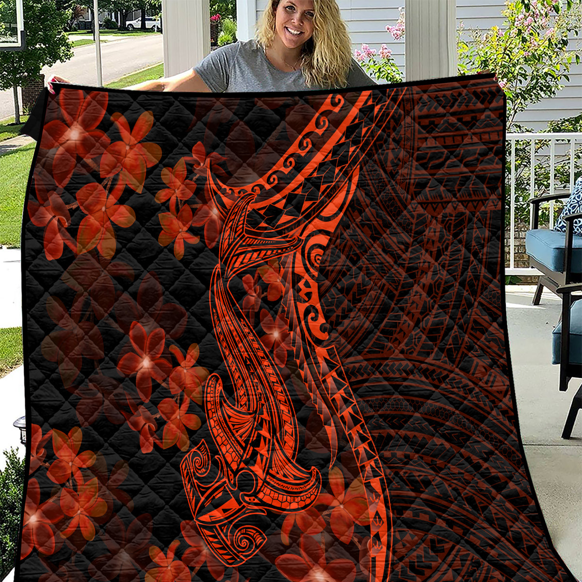 Red Polynesia Quilt Shark Tattoo With Polynesian Plumeria - Wonder Print Shop