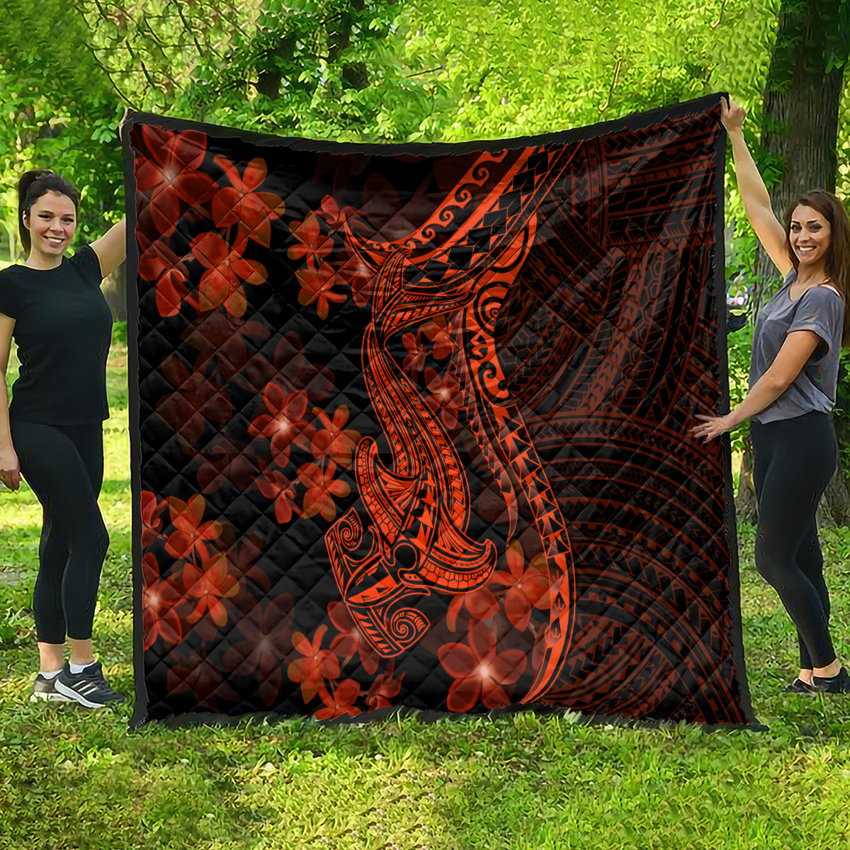 Red Polynesia Quilt Shark Tattoo With Polynesian Plumeria - Wonder Print Shop