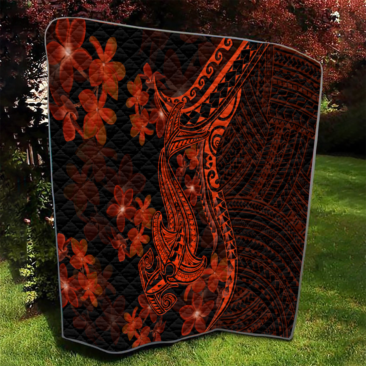 Red Polynesia Quilt Shark Tattoo With Polynesian Plumeria - Wonder Print Shop