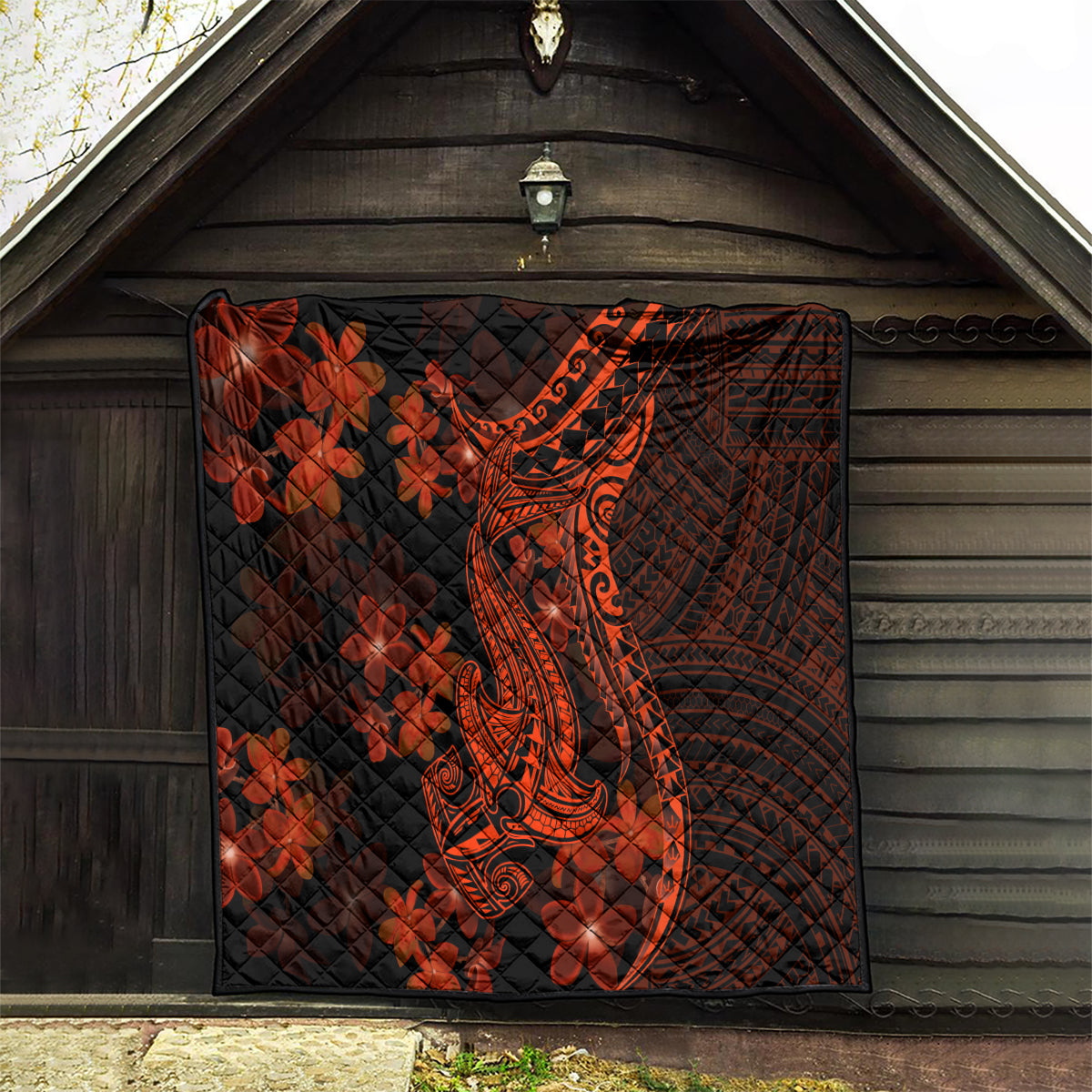 Red Polynesia Quilt Shark Tattoo With Polynesian Plumeria - Wonder Print Shop