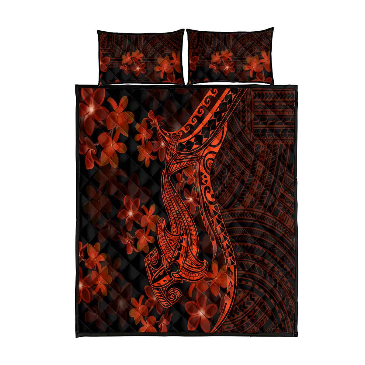 Red Polynesia Quilt Bed Set Shark Tattoo With Polynesian Plumeria - Wonder Print Shop